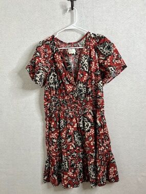 Anthropologie Floral Dress Large Red Black White Boho Short Sleeve Mini Dress